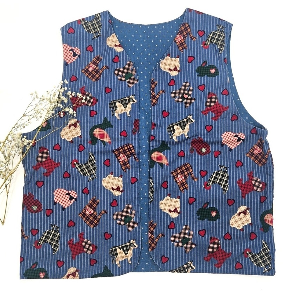 Vintage 90s Farm Animal Print Vest | Country‎ Cottagecore Quilted Waistcoat - Picture 2 of 11
